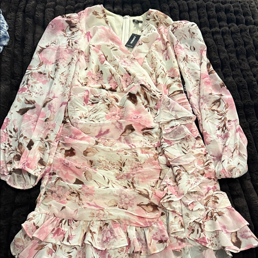 Express Pink and Brown Floral Long Sleeve Dress